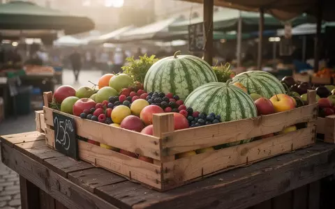 Holzkiste mit frischem saisonalem Obst und Gemüse auf einem leeren Marktstand bei Tageslicht. - Foto: über boerse-global.de