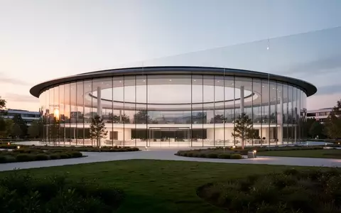 Die Architektur des Apple Park Gebäudes bei Dämmerung mit Fokus auf die Glasfassade und die umgebende Landschaft. - Foto: über boerse-global.de