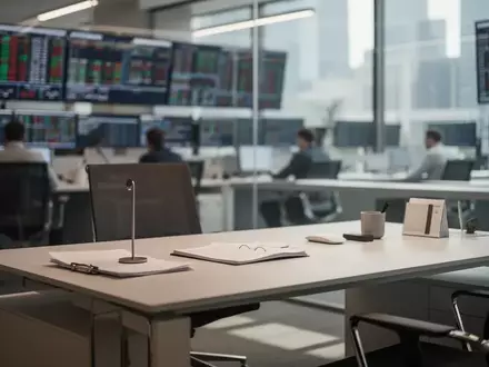 Ein moderner, unscharfer Finanzhandelsplatz im Hintergrund mit einem fokussierten, minimalistischen Schreibtisch im Vordergrund. - Foto: über boerse-global.de