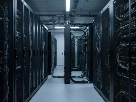Modernes Rechenzentrum mit serverracks in einer minimalistischen, blau beleuchteten Umgebung. - Foto: über boerse-global.de