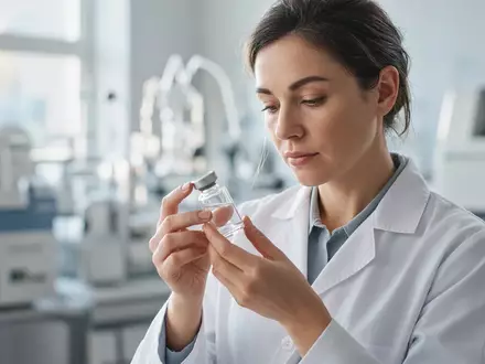 Ein Forscher in einem modernen Labor untersucht eine medizinische Produktampulle bei natürlichem Licht. - Foto: über boerse-global.de