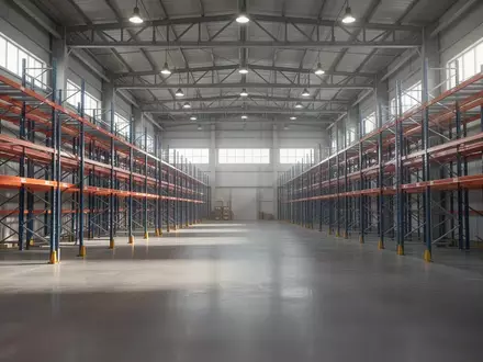 Leere Lagerhalle mit Stahlregalen und Betonboden in einem Logistikzentrum. - Foto: über boerse-global.de