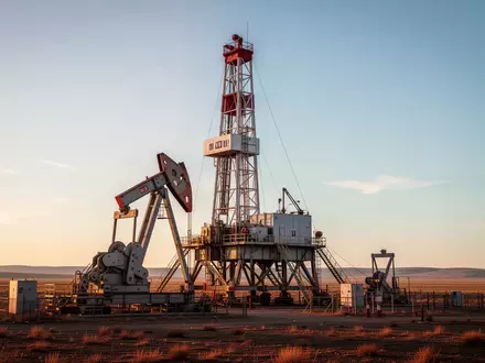 Ein modernes Ölbohrgerät in einer weitläufigen Landschaft während des Sonnenuntergangs. - Foto: über boerse-global.de