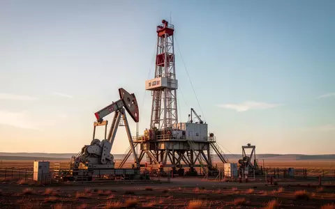 Ein modernes Ölbohrgerät in einer weitläufigen Landschaft während des Sonnenuntergangs. - Foto: über boerse-global.de
