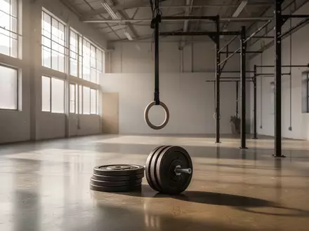Ein minimalistischer, leerer Trainingsraum mit Hantelscheiben und Turnringen in einer Industriehalle. - Foto: über boerse-global.de