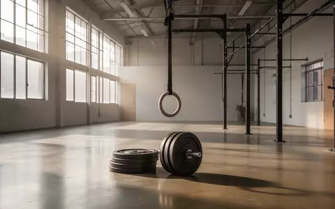 Ein minimalistischer, leerer Trainingsraum mit Hantelscheiben und Turnringen in einer Industriehalle. - Foto: über boerse-global.de