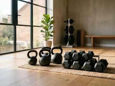 Ein minimalistischer, sonnendurchfluteter Fitnessraum mit Hanteln und Kettlebells auf einer Matte. - Foto: über boerse-global.de