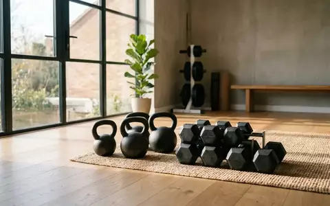 Ein minimalistischer, sonnendurchfluteter Fitnessraum mit Hanteln und Kettlebells auf einer Matte. - Foto: über boerse-global.de