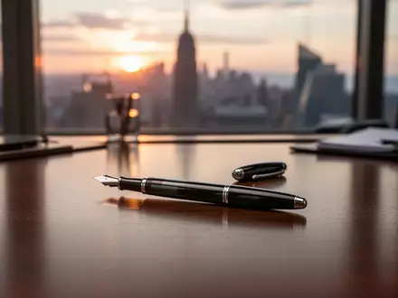 Ein edler Füllfederhalter auf einem Schreibtisch vor einem unscharfen Stadtpanorama bei Sonnenuntergang. - Foto: über boerse-global.de