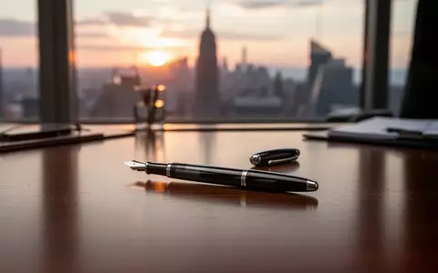 Ein edler Füllfederhalter auf einem Schreibtisch vor einem unscharfen Stadtpanorama bei Sonnenuntergang. - Foto: über boerse-global.de
