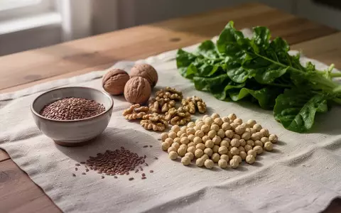 Eine Auswahl an natürlichen Lebensmitteln wie Leinsamen, Nüssen und Hülsenfrüchten auf einem Holztisch. - Foto: über boerse-global.de