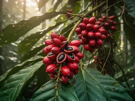 Nahaufnahme von reifen Guarana-Früchten an einer Ranke im Regenwald bei natürlichem Licht. - Foto: über boerse-global.de