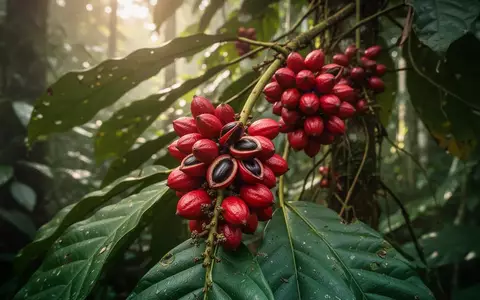 Nahaufnahme von reifen Guarana-Früchten an einer Ranke im Regenwald bei natürlichem Licht. - Foto: über boerse-global.de