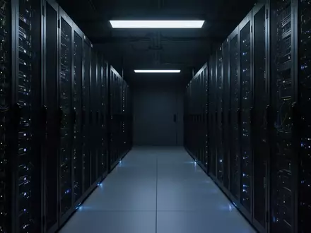 Ein dunkler, minimalistischer Serverraum mit leuchtenden Server-Racks in einer industriellen Umgebung. - Foto: über boerse-global.de