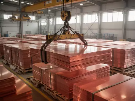 Stapel von hochreinen Kupferkathoden in einer modernen Industrieanlage. - Foto: über boerse-global.de