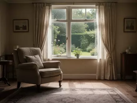 Ein leerer, sonnendurchfluteter Wohnraum mit einem bequemen Sessel vor einem Fenster, das den Blick in einen Garten freigibt. - Foto: über boerse-global.de
