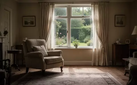 Ein leerer, sonnendurchfluteter Wohnraum mit einem bequemen Sessel vor einem Fenster, das den Blick in einen Garten freigibt. - Foto: über boerse-global.de