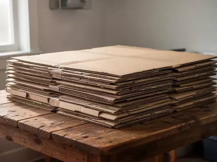 Ein ordentlicher Stapel flach gefalteter brauner Versandkartons auf einem Holztisch in einem hellen Raum. - Foto: über boerse-global.de