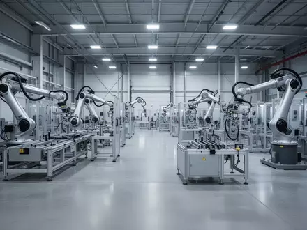 Eine weitläufige, moderne Fabrikhalle mit hochmodernen automatisierten Fertigungsstationen und mechanischen Roboterarmen. - Foto: über boerse-global.de