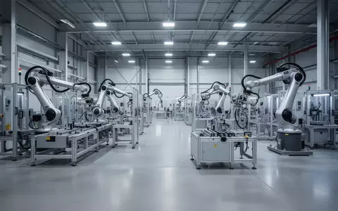 Eine weitläufige, moderne Fabrikhalle mit hochmodernen automatisierten Fertigungsstationen und mechanischen Roboterarmen. - Foto: über boerse-global.de