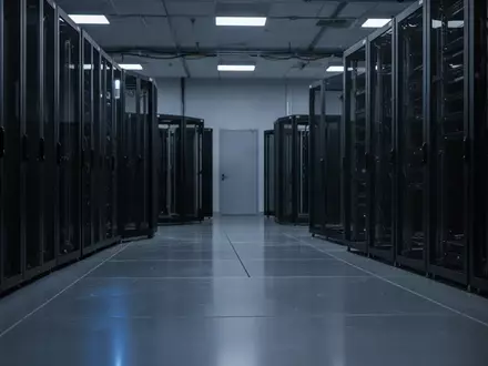 Ein minimalistischer, dunkel beleuchteter Serverraum mit leeren Racks und glattem Industrieboden. - Foto: über boerse-global.de