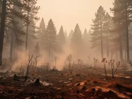 Eine von Waldbränden verrauchte und durch Hitze flimmernde Landschaft mit trockener Vegetation unter einem trüben, dunstigen Himmel. - Foto: über boerse-global.de