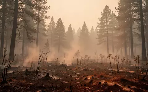 Eine von Waldbränden verrauchte und durch Hitze flimmernde Landschaft mit trockener Vegetation unter einem trüben, dunstigen Himmel. - Foto: über boerse-global.de