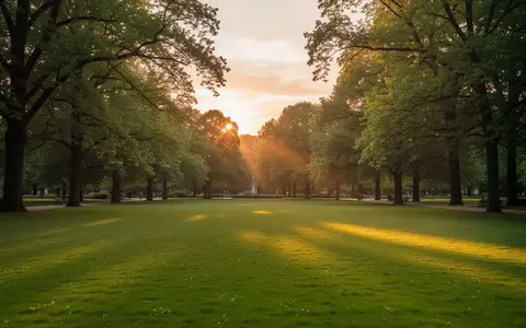 Weitläufige Grünanlage im Karlsruher Schlossgarten bei goldener Abendsonne mit Bäumen und Wiesen. - Foto: über boerse-global.de