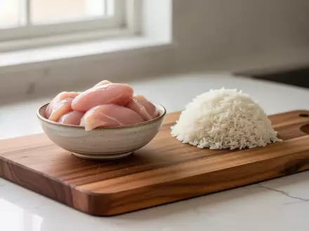 Ein hölzernes Schneidebrett mit einer Schale, die gekochten Reis und Hühnchenfleisch enthält, in einer hellen Küche. - Foto: über boerse-global.de