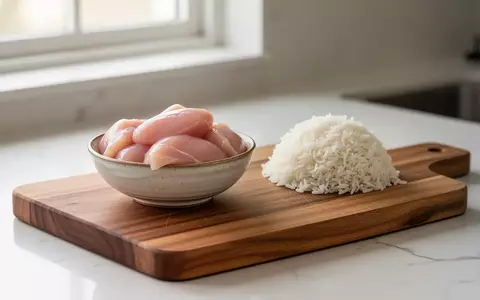 Ein hölzernes Schneidebrett mit einer Schale, die gekochten Reis und Hühnchenfleisch enthält, in einer hellen Küche. - Foto: über boerse-global.de