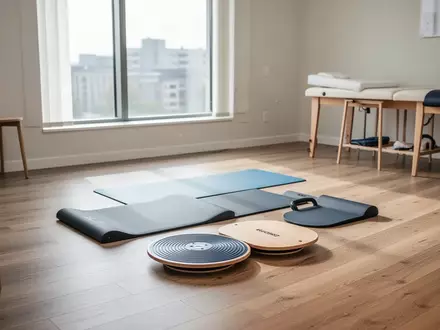 Ein heller, minimalistischer Physiotherapieraum mit Balance-Boards auf einem Holzboden in einer medizinischen Praxis. - Foto: über boerse-global.de