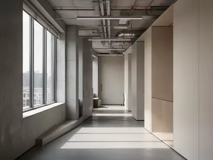 Ein minimalistischer, moderner Büroflur mit klaren architektonischen Linien und hellem Tageslicht. - Foto: über boerse-global.de