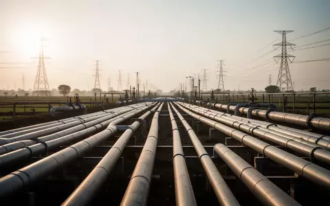 Ein weitläufiges industrielles Erdgaspipelinenetz in einer offenen indischen Landschaft bei Sonnenaufgang. - Foto: über boerse-global.de