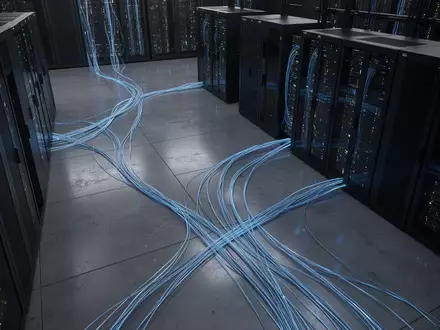 Ein dunkler, minimalistischer Serverraum mit blau leuchtenden Glasfaserkabeln auf einem polierten Betonboden. - Foto: über boerse-global.de