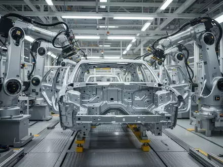 Moderne Fertigungslinie in einer Automobilfabrik mit Industrierobotern und Fahrzeugrahmen in einer hellen Halle. - Foto: über boerse-global.de