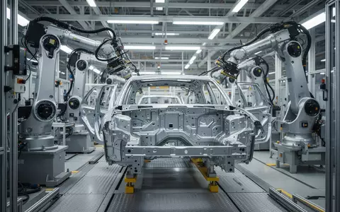 Moderne Fertigungslinie in einer Automobilfabrik mit Industrierobotern und Fahrzeugrahmen in einer hellen Halle. - Foto: über boerse-global.de