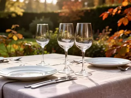 Ein minimalistisch gedeckter Tisch in einem Garten mit Kristallgläsern und feinem Porzellan bei natürlichem Licht. - Foto: über boerse-global.de