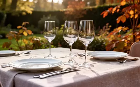 Ein minimalistisch gedeckter Tisch in einem Garten mit Kristallgläsern und feinem Porzellan bei natürlichem Licht. - Foto: über boerse-global.de