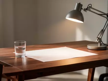 Ein minimalistischer, heller Arbeitsplatz mit einem Holztisch, einer Schreibtischlampe und einem leeren Glas in einer ruhigen Umgebung. - Foto: über boerse-global.de