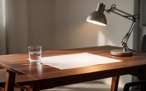 Ein minimalistischer, heller Arbeitsplatz mit einem Holztisch, einer Schreibtischlampe und einem leeren Glas in einer ruhigen Umgebung. - Foto: über boerse-global.de