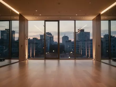 Ein minimalistischer, ruhiger Fitnessraum in der Abenddämmerung mit warmem Licht und Blick auf die Stadt. - Foto: über boerse-global.de