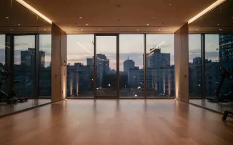 Ein minimalistischer, ruhiger Fitnessraum in der Abenddämmerung mit warmem Licht und Blick auf die Stadt. - Foto: über boerse-global.de