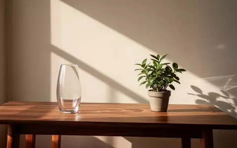 Ein minimalistischer, lichtdurchfluteter Raum mit einer Pflanze und einer leeren Vase auf einem Holztisch, der Ruhe und Prävention symbolisiert. - Foto: über boerse-global.de