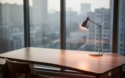Ein minimalistischer Arbeitsplatz mit einem Holztisch vor einem Fenster mit Blick auf eine verschwommene Stadtlandschaft. - Foto: über boerse-global.de