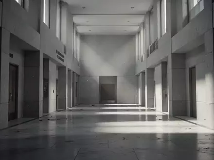 Ein leerer, modern gestalteter Flur in einem Gerichtsgebäude mit poliertem Steinboden und geometrischem Lichteinfall. - Foto: über boerse-global.de