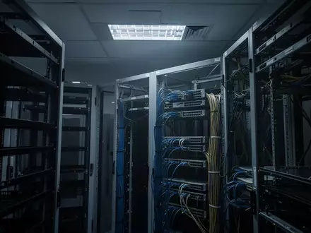 Dunkler, steriler Serverraum mit leeren Serverschränken und Netzwerkverkabelung in kühlem, blauem Licht. - Foto: über boerse-global.de