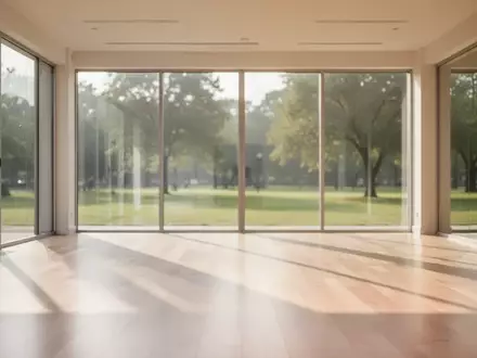 Ein heller, leerer Übungsraum mit Holzboden und großen Fenstern, die den Blick auf einen grünen Park freigeben. - Foto: über boerse-global.de