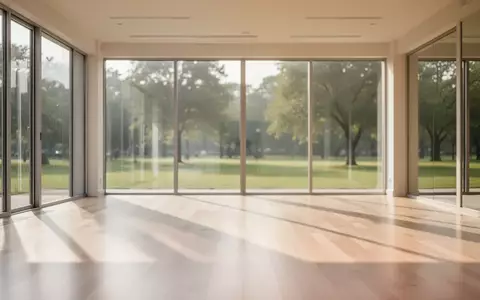 Ein heller, leerer Übungsraum mit Holzboden und großen Fenstern, die den Blick auf einen grünen Park freigeben. - Foto: über boerse-global.de