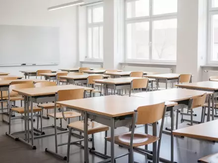 Ein heller, leerer Klassenraum in einer Schule mit ordentlich aufgereihten Holztischen und Stühlen bei Tageslicht. - Foto: über boerse-global.de