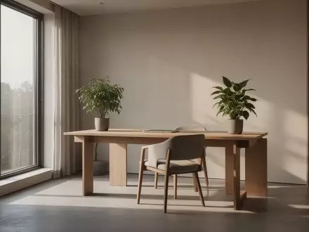 Ein minimalistisch eingerichtetes Heimbüro mit einem Holztisch und einer Zimmerpflanze in hellem Tageslicht. - Foto: über boerse-global.de